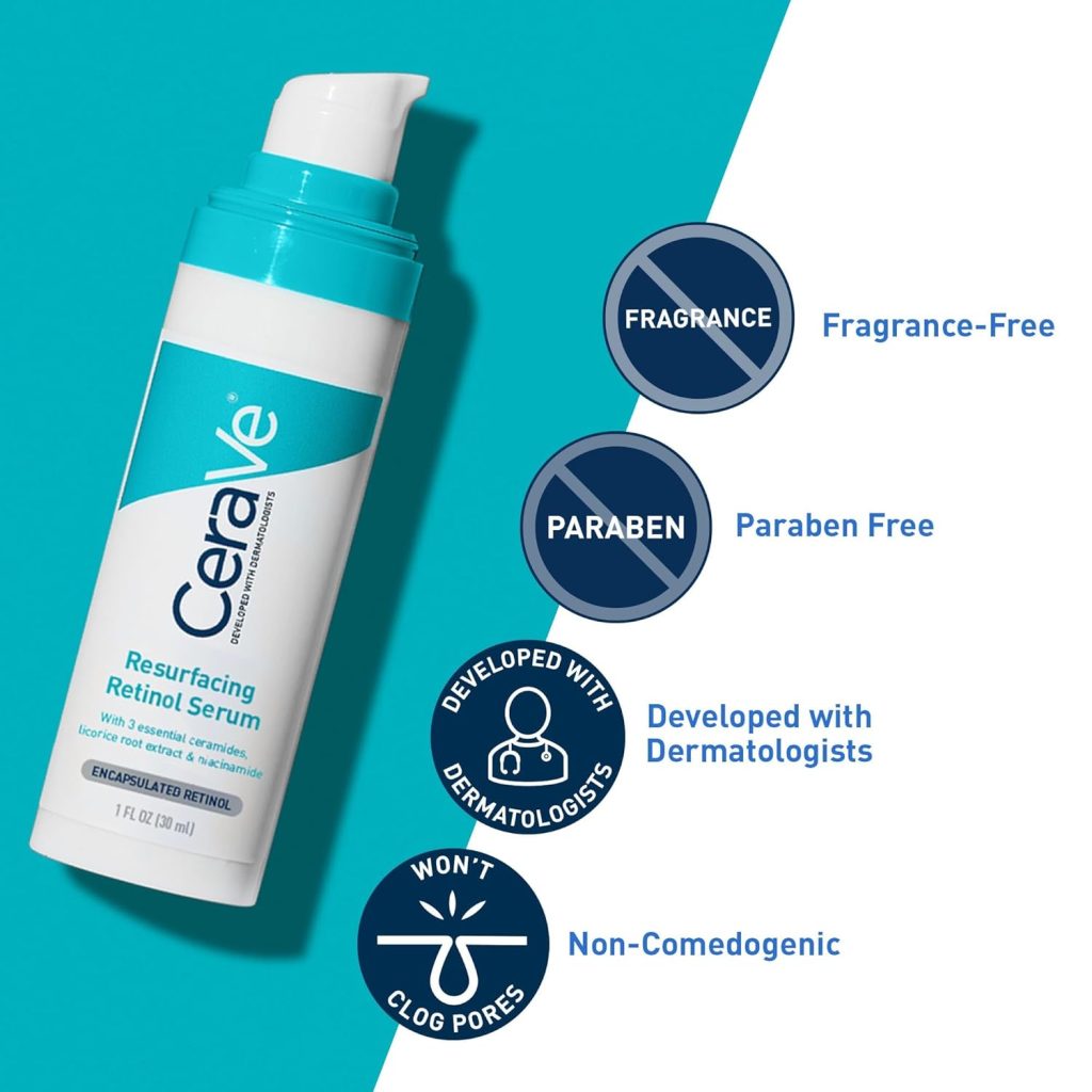 “Lightweight gel-like texture of CeraVe Resurfacing Retinol Serum shown on a hand, demonstrating smooth and fast-absorbing formula.”