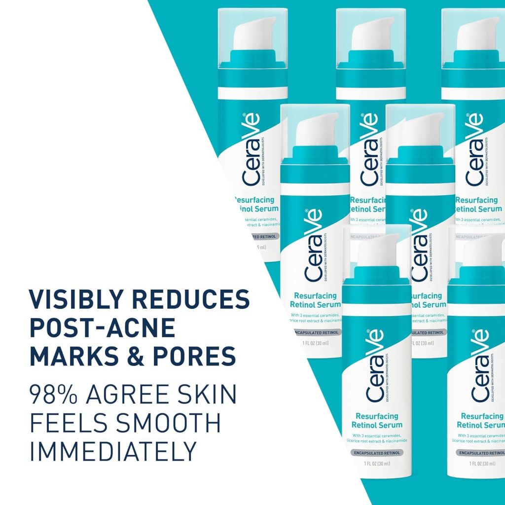 “Person applying CeraVe Resurfacing Retinol Serum to clean skin as part of a nightly skincare routine.”