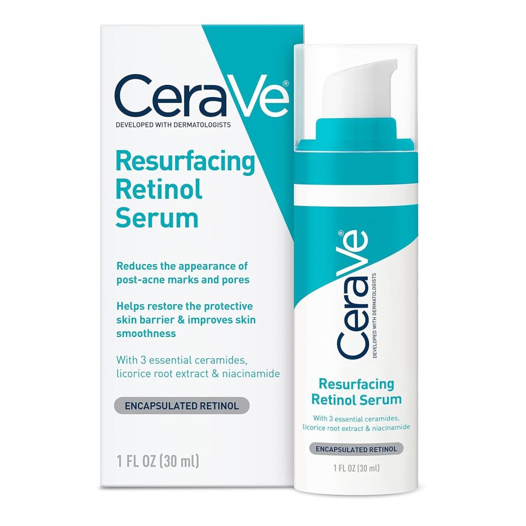 CeraVe Resurfacing Retinol Serum bottle with blue and white packaging, designed to improve skin texture and fade acne marks.
