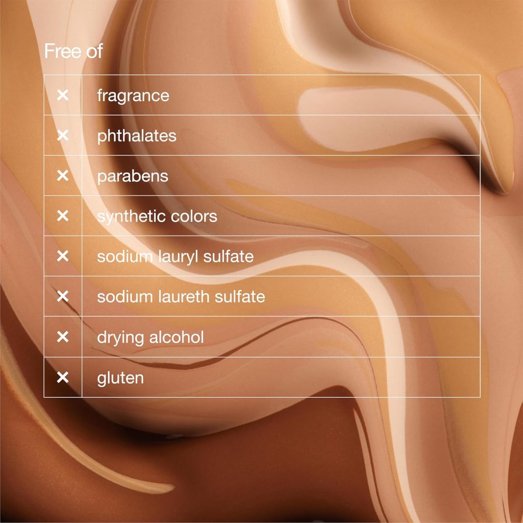 Clinique Even Better Makeup Foundation ingredients chart showing it is free of fragrance, phthalates, parabens, synthetic colors, sulfates, drying alcohol, and gluten.