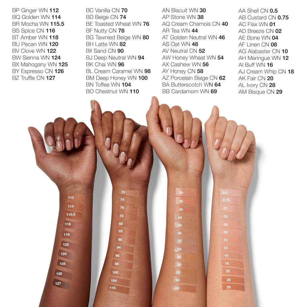 Clinique Even Better Makeup Liquid Foundation shade chart displayed on three arms with different skin tones, showing
