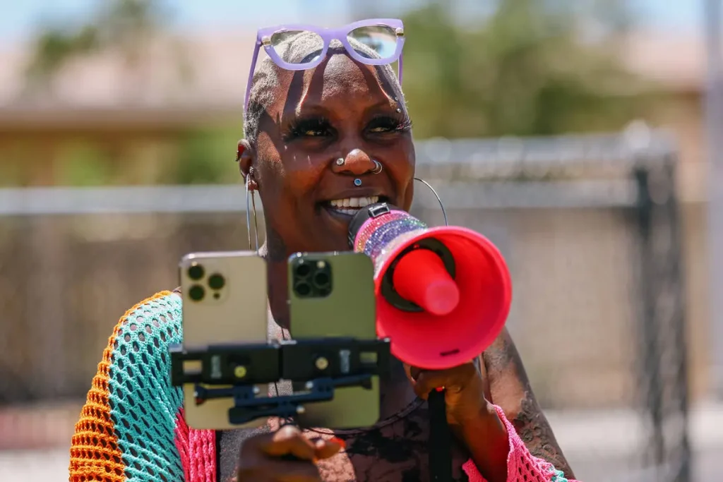 TikTok humanitarian Shirley Raines during homeless outreach in Skid Row